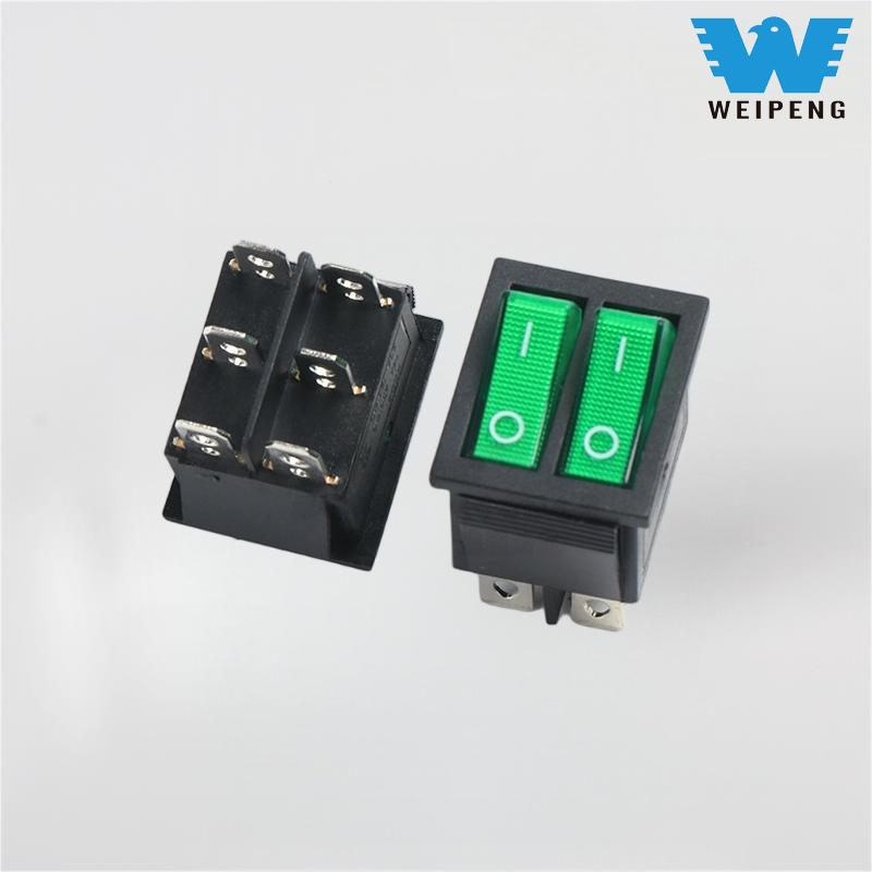 Interruptor oscilante KCD4 de pólo duplo, 2 posições e 6 pinos com luz verde
