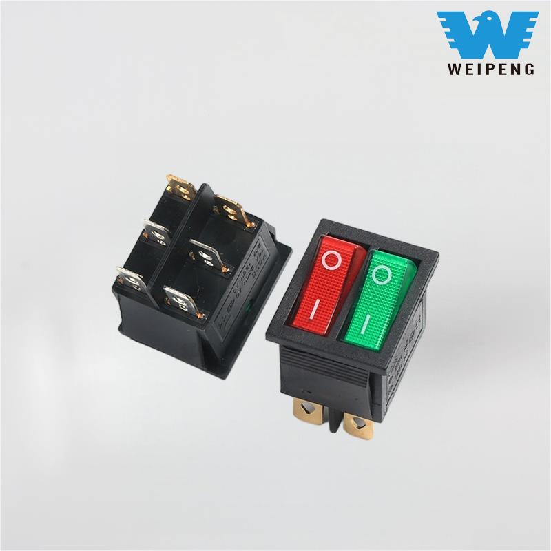 Kcd4 Interruptor duplo em forma de barco Dpdt 6 pinos com luzes vermelhas e verdes